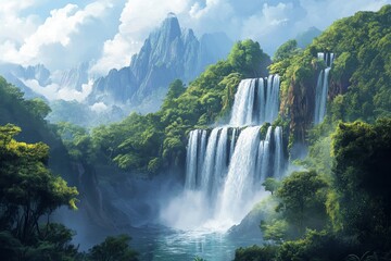 Fototapeta premium majestic waterfall cascades from a towering mountain, surrounded by lush tropical forest, Generative AI