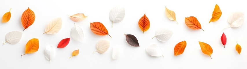 Obraz premium Colorful Autumn Leaves Arranged on White Background for Fall Decor
