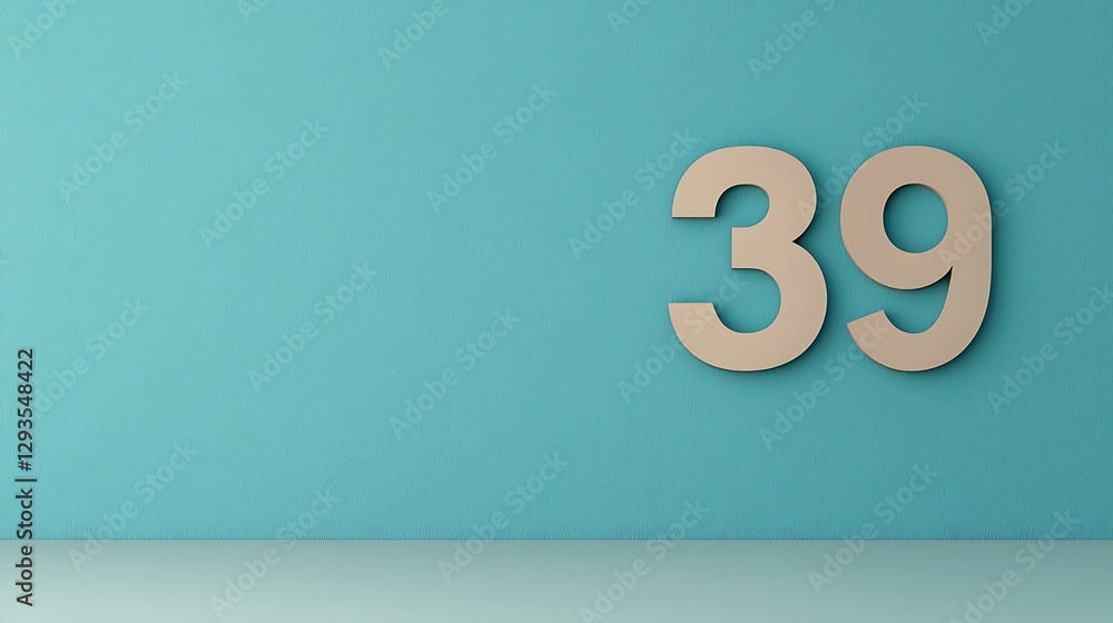 Poster a minimalist image featuring the number 39 on a smooth, turquoise wall, creating a calm and modern a