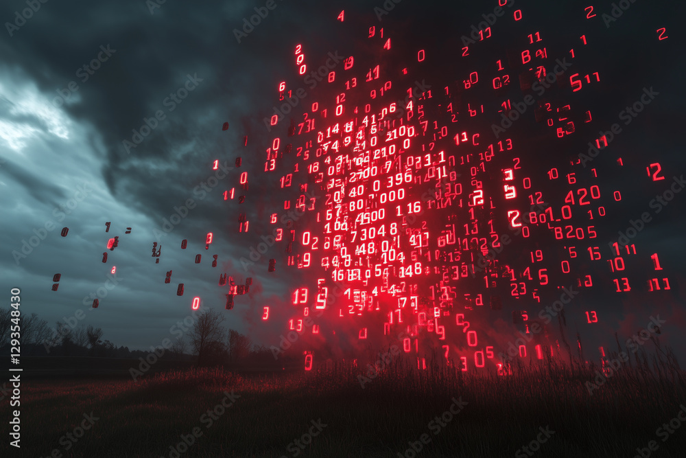 Poster massive countdown timer fills cloudy sky with bright red digits signaling impending event over open 