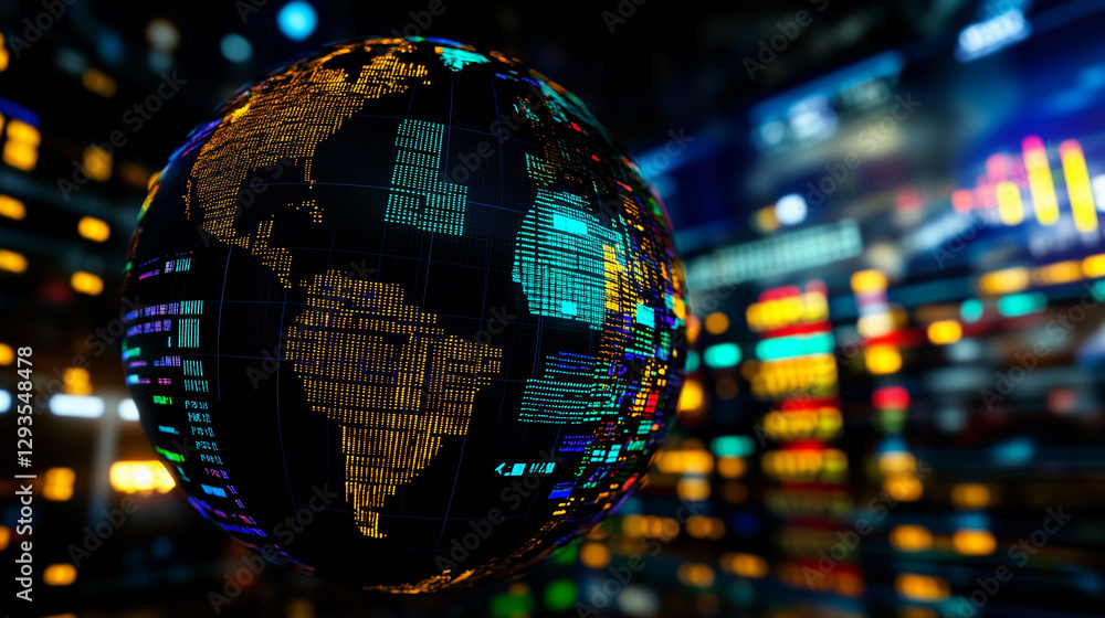 Poster globe made of fluctuating stock with digital data visualization and bright market indicators in fina