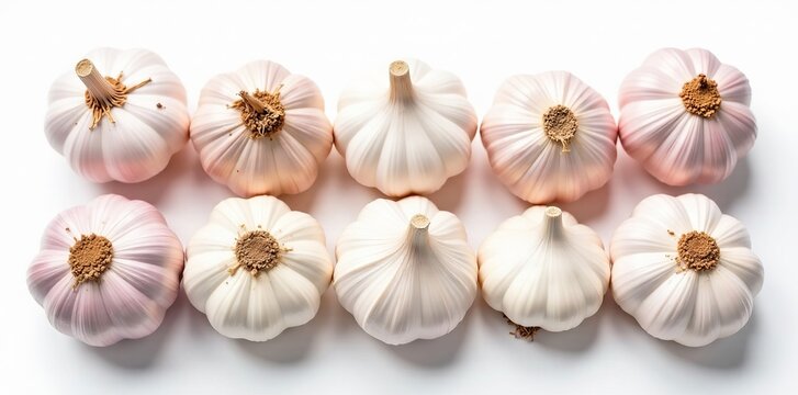 Fresh garlic bulbs arranged neatly on white background, Garlic, herb