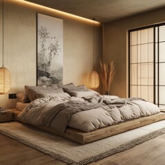 Bedroom interior with a platform bed minimalistic and inviting