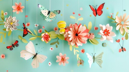 Paper flowers and butterflies hanging from strings on a blue background.
