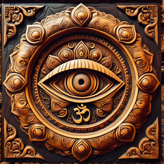 Obraz premium Intricately Carved Wooden Third Eye Sculpture – Circular Sacred Design with Lotus Motifs, Geometric Patterns, and an Om Symbol, Highlighting Spirituality and Artistic Detail