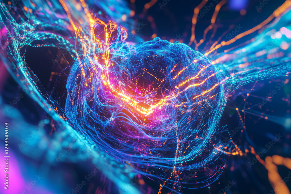 Poster a swirling mass of neon-lit cybernetic energy, forming an abstract futuristic ai-driven neural netwo