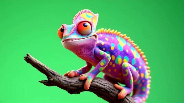 Colorful chameleon perched on a branch against a vibrant green background