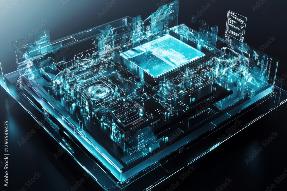 Poster technology, abstract, background featuring a complex network of glowing circuits and holographic dat