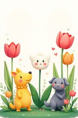 Naklejka premium Colorful tulip flowers cartoon characters on white background, cute, illustration