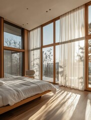 Modern bedroom with sunshine streaming through expansive windows of room