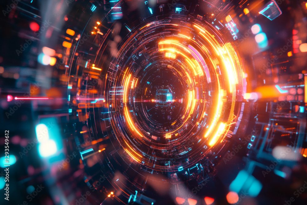 Poster a futuristic quantum ai core, composed of swirling cybernetic energy, glowing holographic neural net