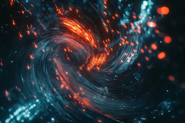 Obraz premium A swirling vortex of quantum energy, composed of radiant cybernetic light trails, digital data waves, and pulsating neon symbols. The futuristic abstract background represents the rapid flow of