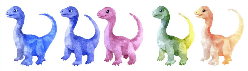 Endearing watercolor clip art set of colorful baby dinosaurs in various shades. These charming creatures evoke sense of joy and playfulness, perfect for children designs