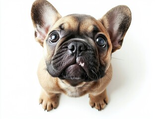 Fototapeta premium Cute french bulldog puppy sitting and looking up with curiosity on a clean white background, showcasing its endearing features and playful nature