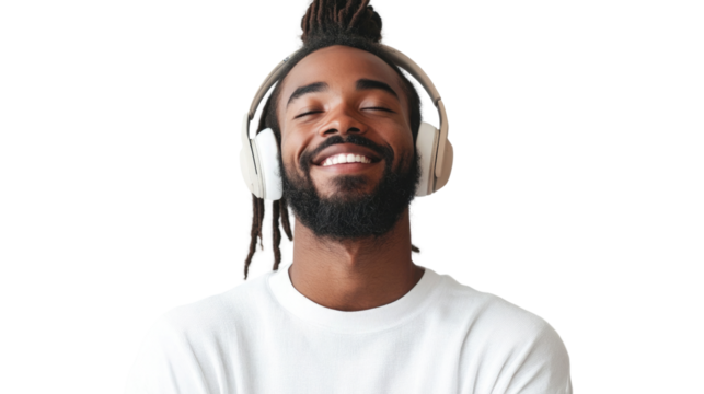 Smiling man enjoys music while wearing headphones indoors, creating a relaxed atmosphere