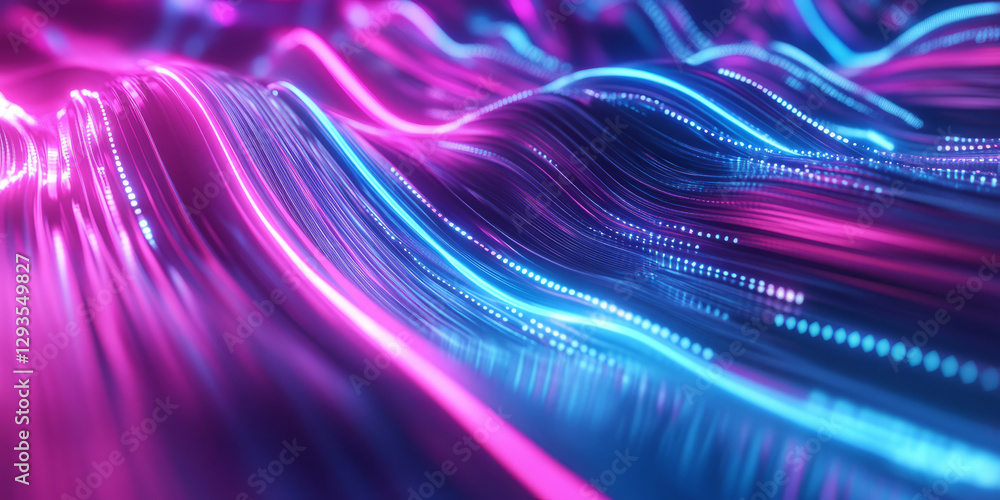 Poster a futuristic abstract background with cascading, glowing neon arcs dynamically expanding across a se