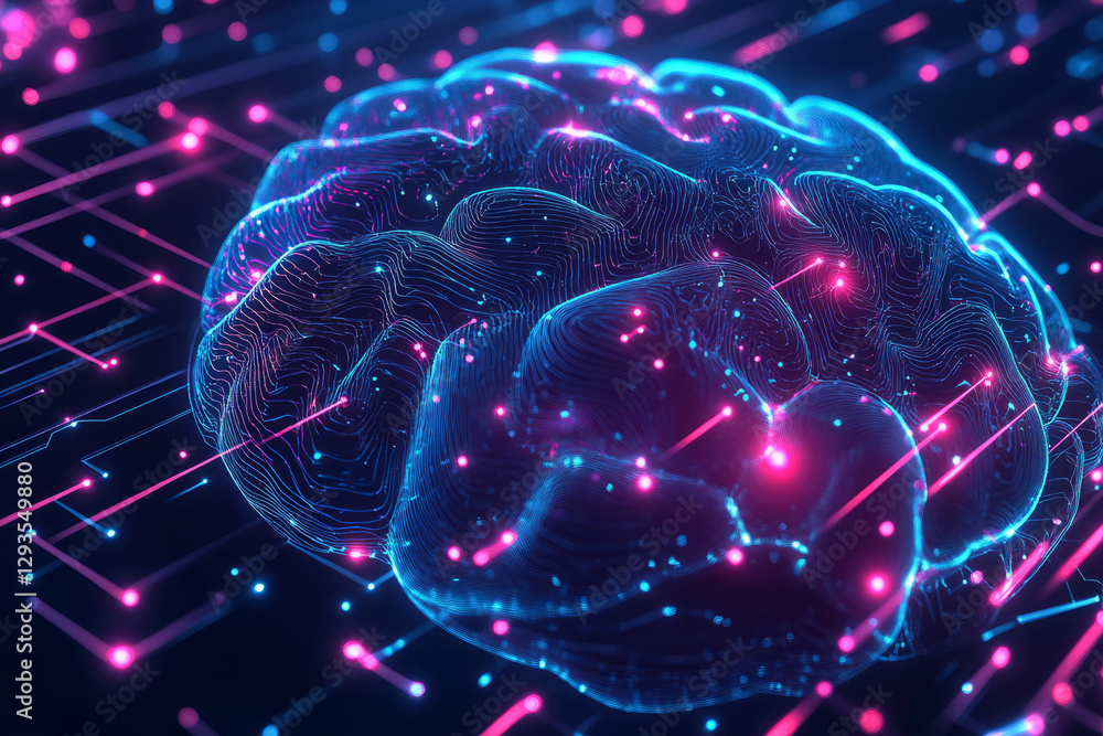 Poster A swirling mass of cybernetic energy, forming an abstract representation of deep machine learning and artificial intelligence. The futuristic high-tech background features glowing data nodes,
