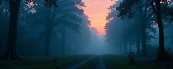 Haunting fog enveloping a creepy forest at dusk, fog, woods