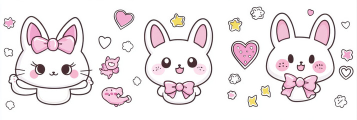 Cute cartoon animals with bows, hearts, and stars create playful and cheerful atmosphere. Perfect for stickers or children designs