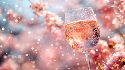 Two champagne glasses and red Christmas balls celebrate the new year holiday pink blossoms romantic 