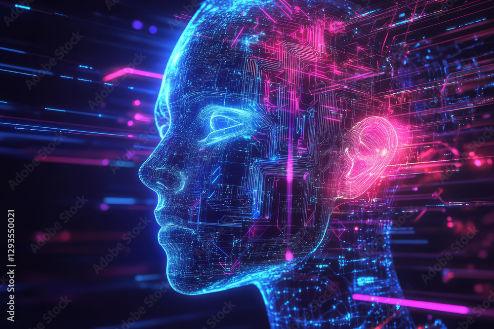 Poster abstract visualization of artificial intelligence, depicting a glowing humanoid face composed of int
