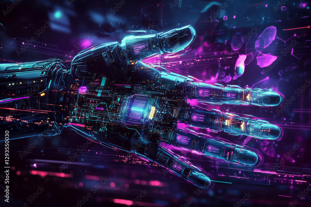 Poster a futuristic ai-powered robotic hand, composed of glowing cybernetic circuits, pulsating energy stre