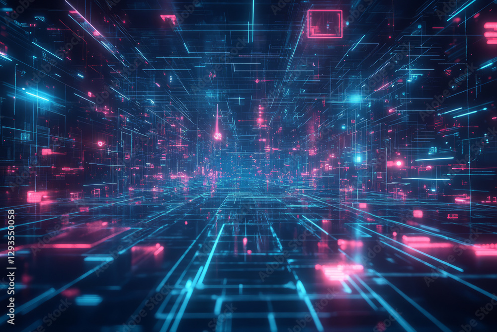 Poster a vast digital grid stretching infinitely into the distance, composed of glowing interconnected node