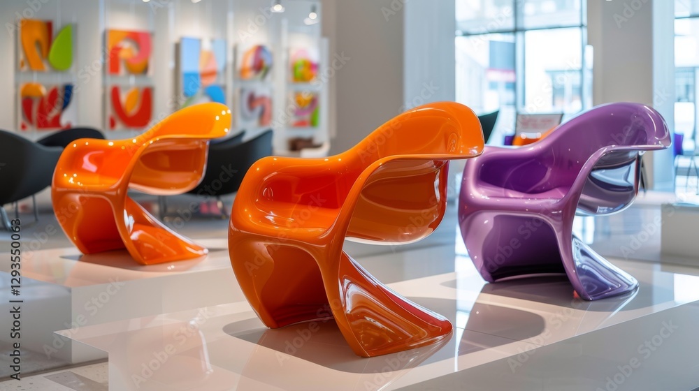 Leinwandbilder three uniquely designed chairs in purple and orange are arranged in a modern art gallery filled with