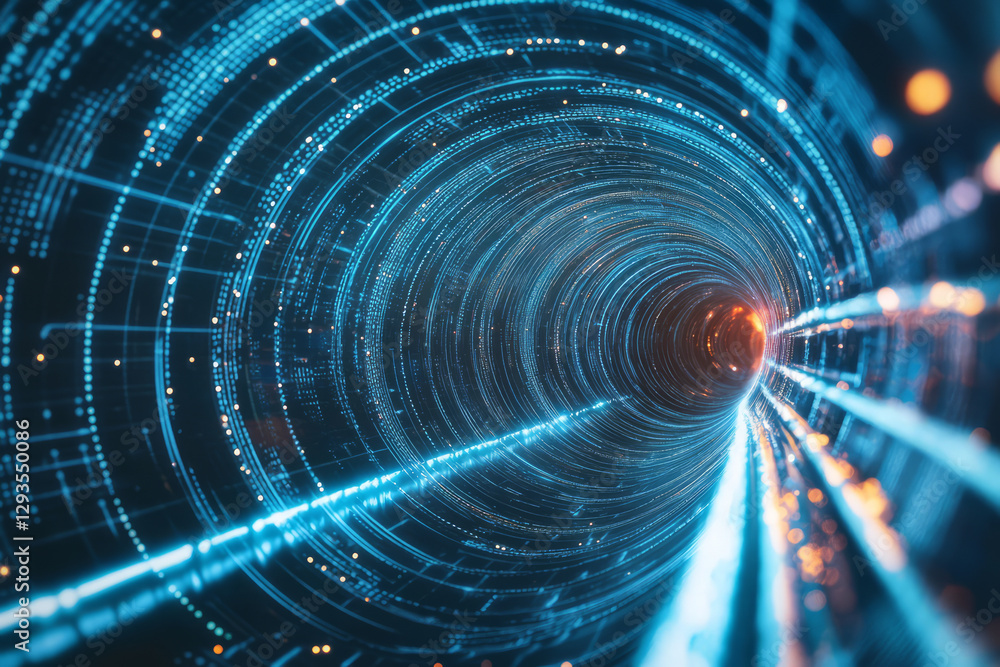 Poster a mesmerizing cybernetic light tunnel filled with glowing data streams, holographic projections, and