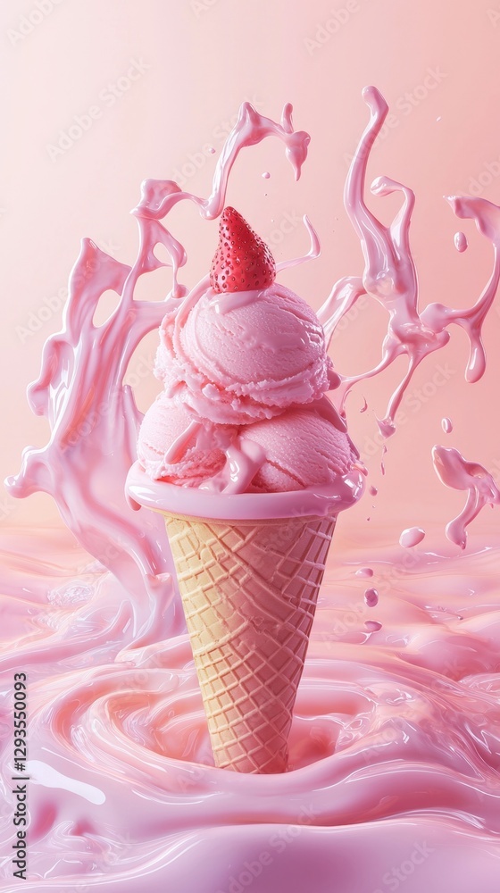 Poster strawberry ice cream scoops with a strawberry slice on top, inside a crispy waffle cone, splashing i