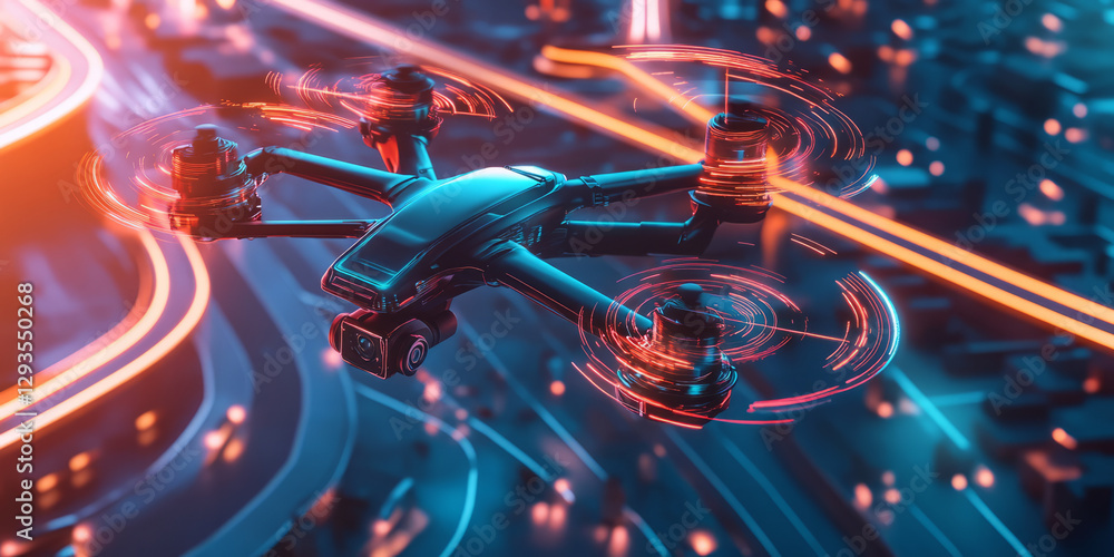 Poster a futuristic representation of ai-powered drone technology, featuring glowing cybernetic aerial navi