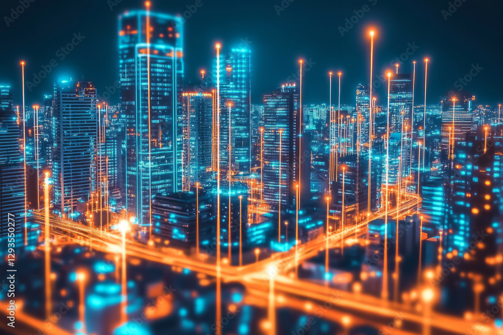 Poster a futuristic cityscape composed entirely of glowing data streams, floating holographic structures, a