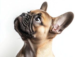 Obraz premium Adorable french bulldog puppy tilting its head and looking up with curiosity against a clean white background, capturing the essence of canine innocence and playful nature