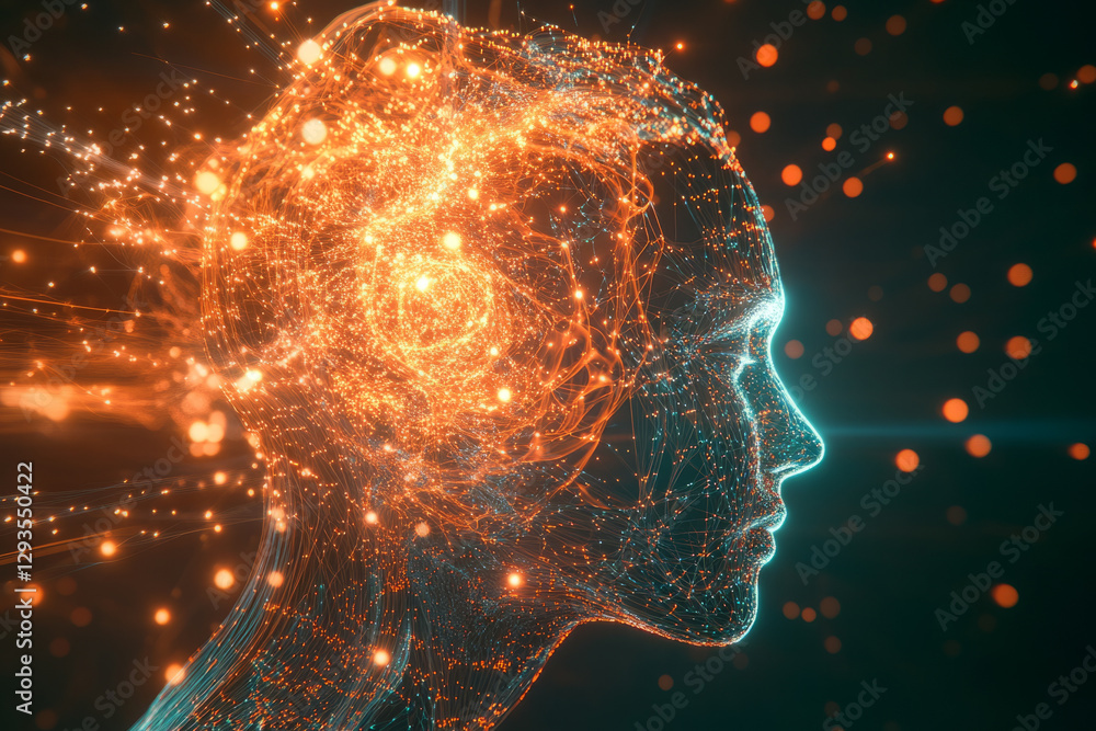 Poster A swirling mass of cybernetic energy, forming an abstract representation of deep machine learning and artificial intelligence. The futuristic high-tech background features glowing data nodes,
