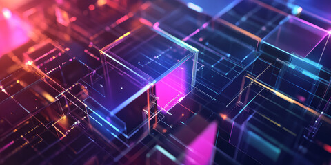 A high-tech abstract background featuring transparent, iridescent geometric panels, seamlessly blending into a luminous digital structure. The intricate, futuristic design radiates neon brilliance and