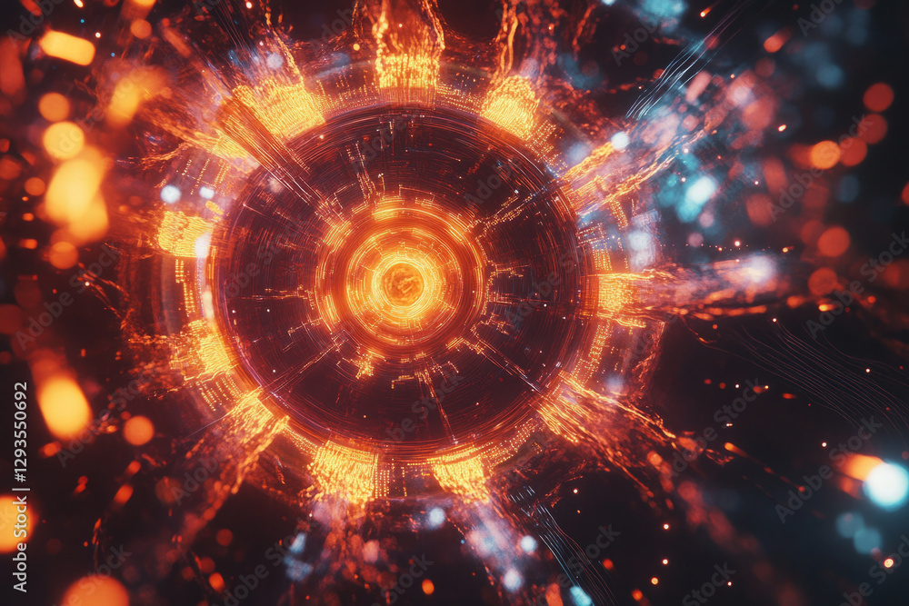 Poster a futuristic holographic energy core, radiating glowing ai-driven data streams, pulsating cybernetic