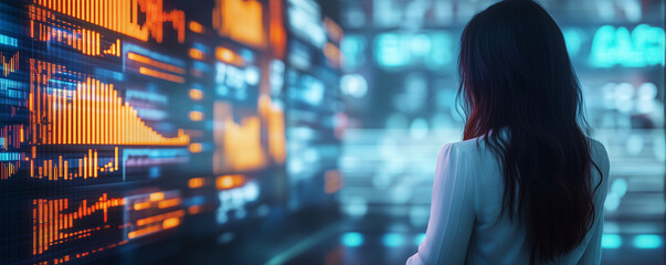 Woman analyzes stock market data in a high-tech trading hub