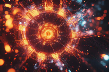 Obraz premium A futuristic holographic energy core, radiating glowing AI-driven data streams, pulsating cybernetic energy waves, and intricate digital pathways. The high-tech abstract background represents