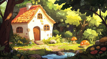 A cozy fairytale cottage in a lush green forest with a small stream, mushrooms, and warm sunlight filtering through the trees