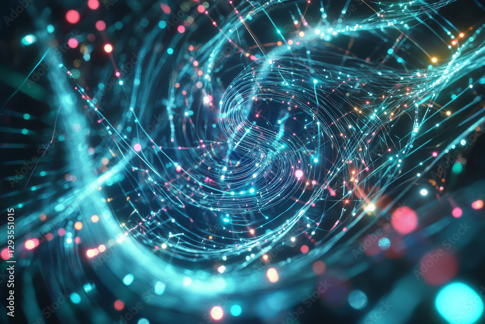 Poster a swirling mass of cybernetic energy, forming an abstract ai-driven neural network visualization. th