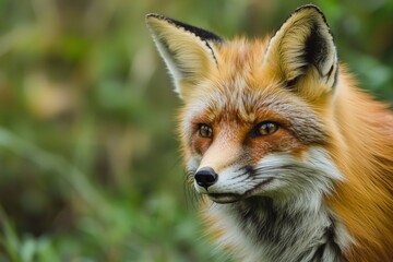 Fototapeta premium Captivating close-up portrait captures a red fox emerging from a backdrop of lush green foliage, its intense gaze and pointed ears creating a sense of alertness and wild beauty