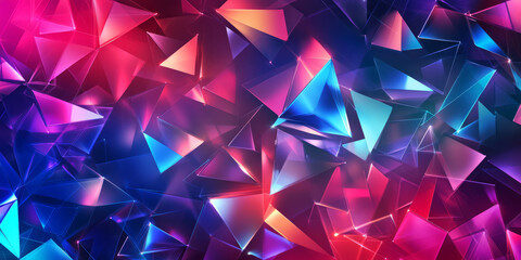 Fototapeta premium A futuristic abstract background featuring neon-lit triangular prisms dynamically shifting in a seamless cybernetic array. The glowing geometric precision and immersive high-tech energy evoke a