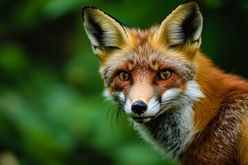Fototapeta premium Wild red fox with vibrant orange fur and pointy ears emerging from a softly blurred green forest, creating an enchanting wildlife portrait full of detail and character