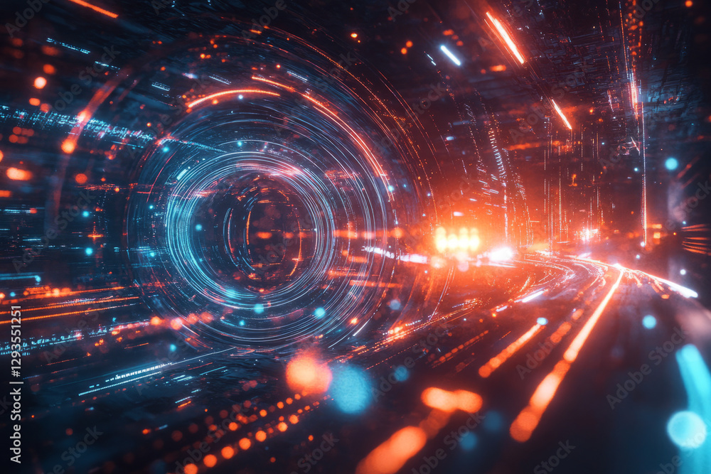 Poster futuristic representation of quantum computing, with glowing 3d-rendered qubits, cybernetic energy w