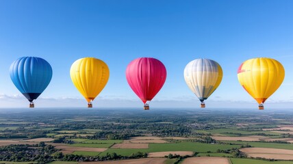 Naklejka premium Colorful hot air balloons soar over scenic landscapes on a clear day, showcasing adventure and freedom.