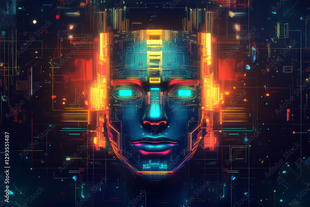 Poster a futuristic ai-powered robotic face, composed of glowing cybernetic circuits, holographic digital l