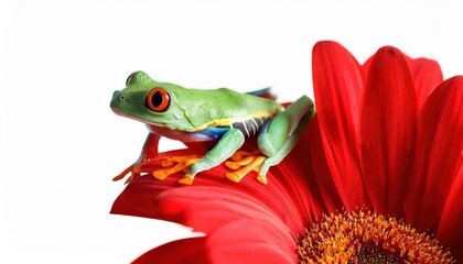 Vibrant Red Flower Blooming with Leap of Tree Frog, Closeup Photograph Capturing the Beauty and Mystery of Natures Exquisite Moments in a Striking Tropical Setting