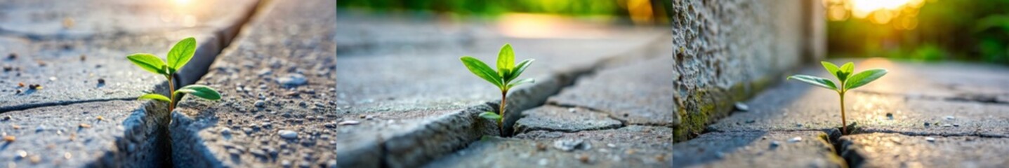 A series of three photographs of a small plant growing in the cracks of a sidewalk. The first photo shows the plant in the middle of the crack