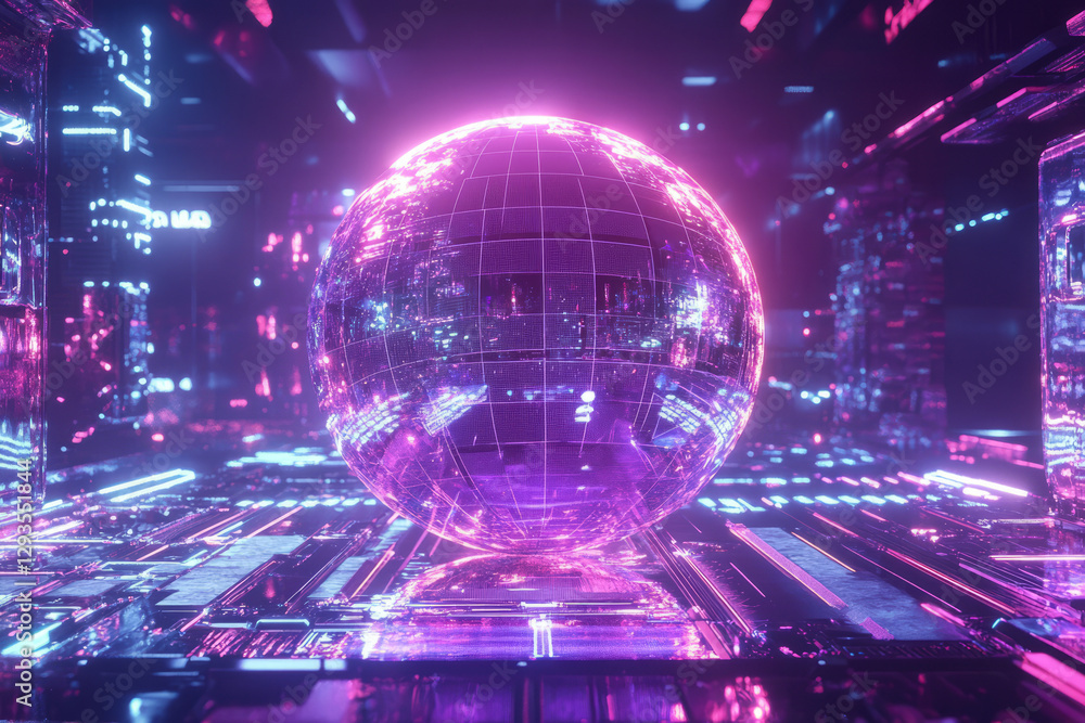 Poster a mesmerizing floating ai-driven data sphere, surrounded by glowing cybernetic energy waves, futuris