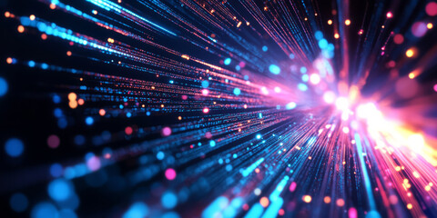 Fototapeta premium A mesmerizing abstract background with glowing light beams cascading through a digital prism. The refracted neon hues create a stunning high-tech visual, blending science-fiction aesthetics with